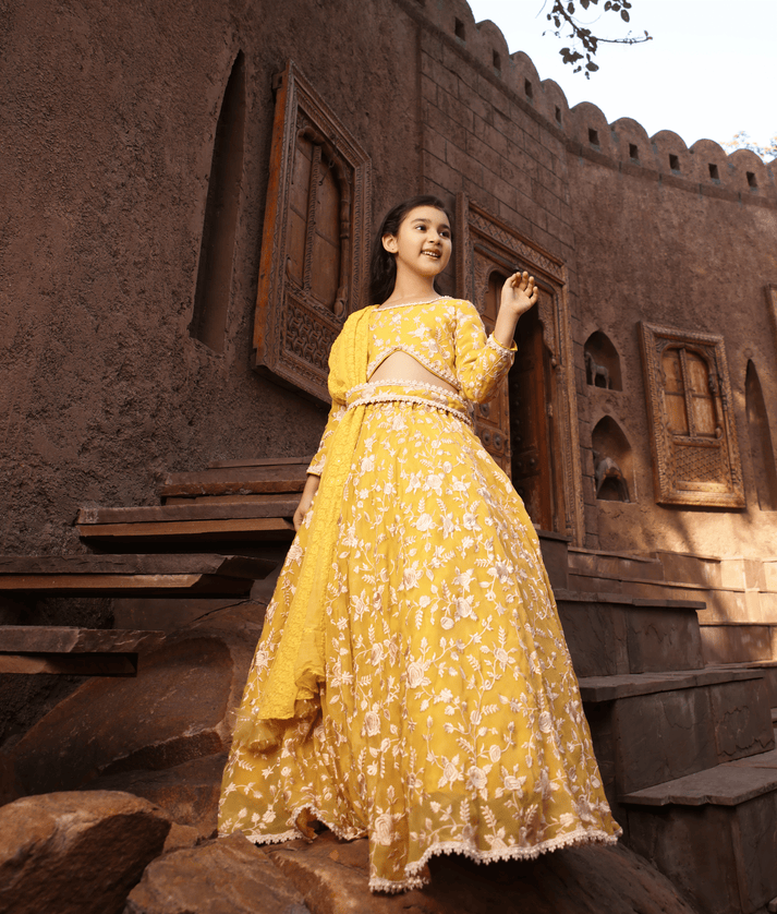 Manufactured by FAYON KIDS (Noida, U.P) Yellow Parsi work Lehenga Choli for Girls