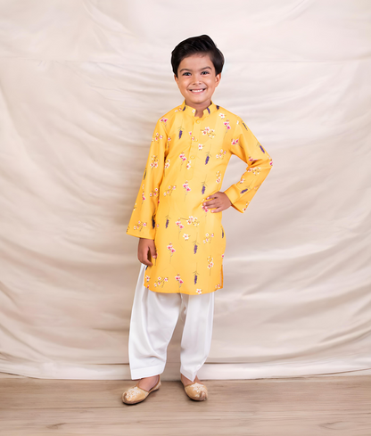 Manufactured by FAYON KIDS (Noida, U.P) Yellow Printed Kurta with Salwar