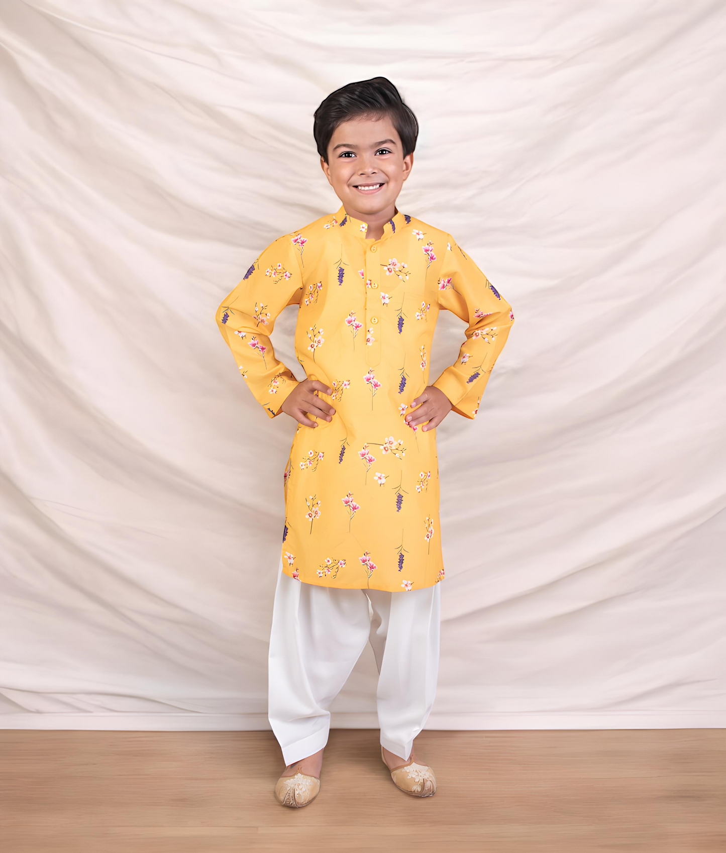 Manufactured by FAYON KIDS (Noida, U.P) Yellow Printed Kurta with Salwar