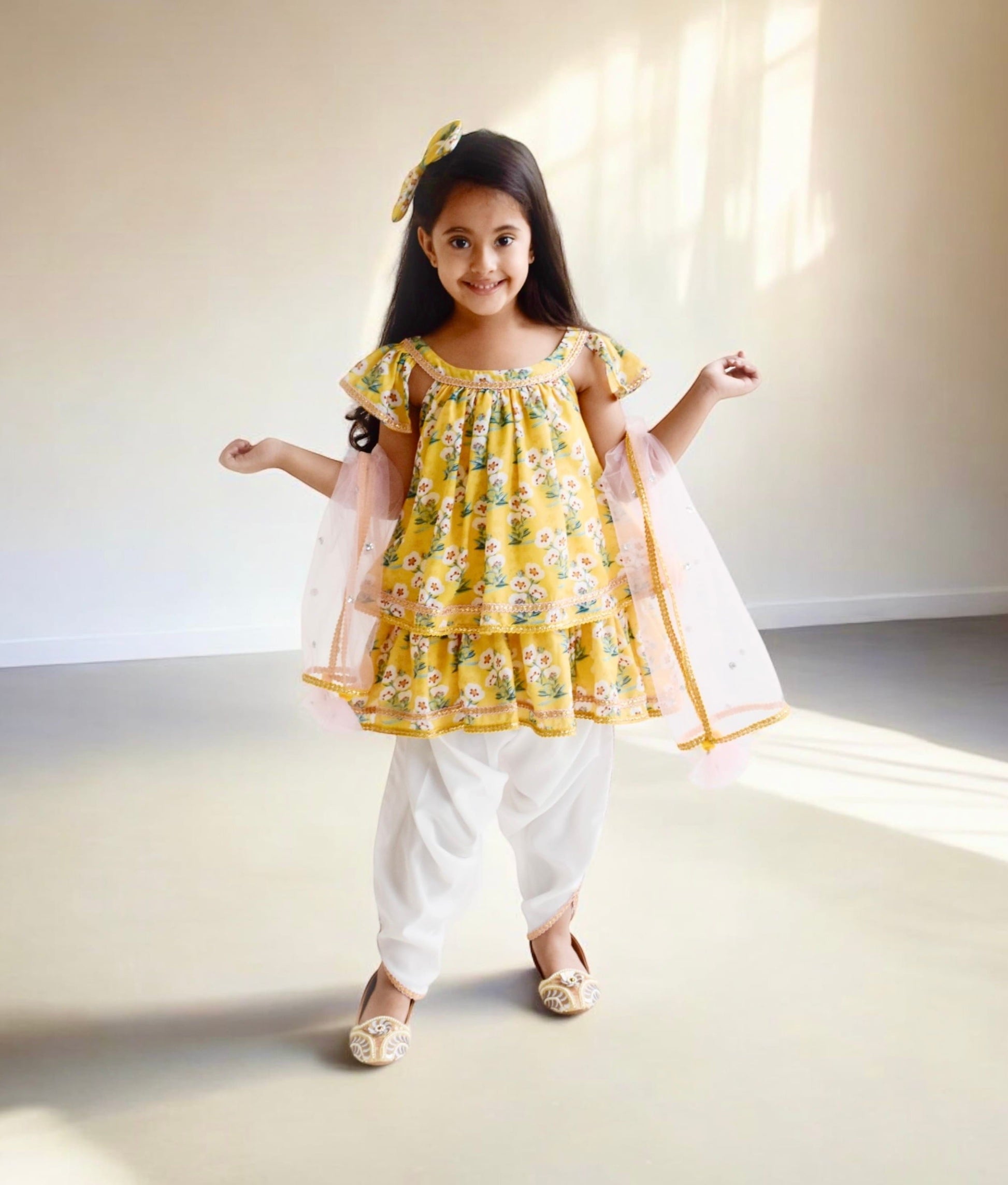 Manufactured by FAYON KIDS (Noida, U.P) Yellow Printed Kurti Dhoti with Dupatta