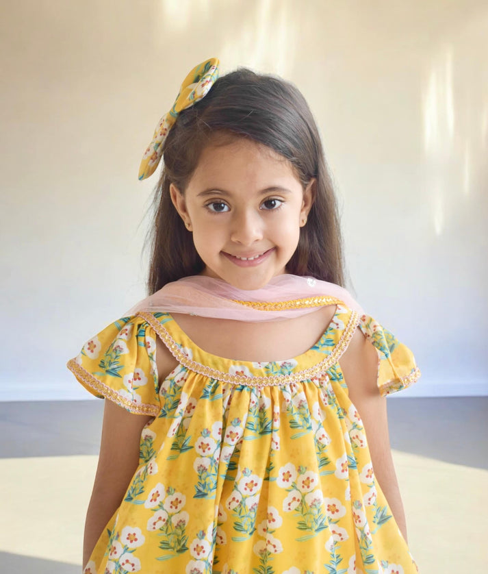 Manufactured by FAYON KIDS (Noida, U.P) Yellow Printed Kurti Dhoti with Dupatta