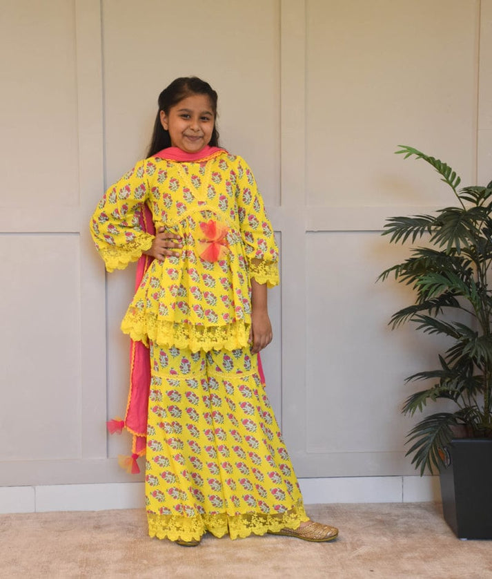 Yellow Printed Kurti Sharara