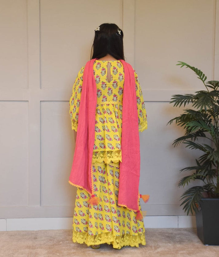 Yellow Printed Kurti Sharara