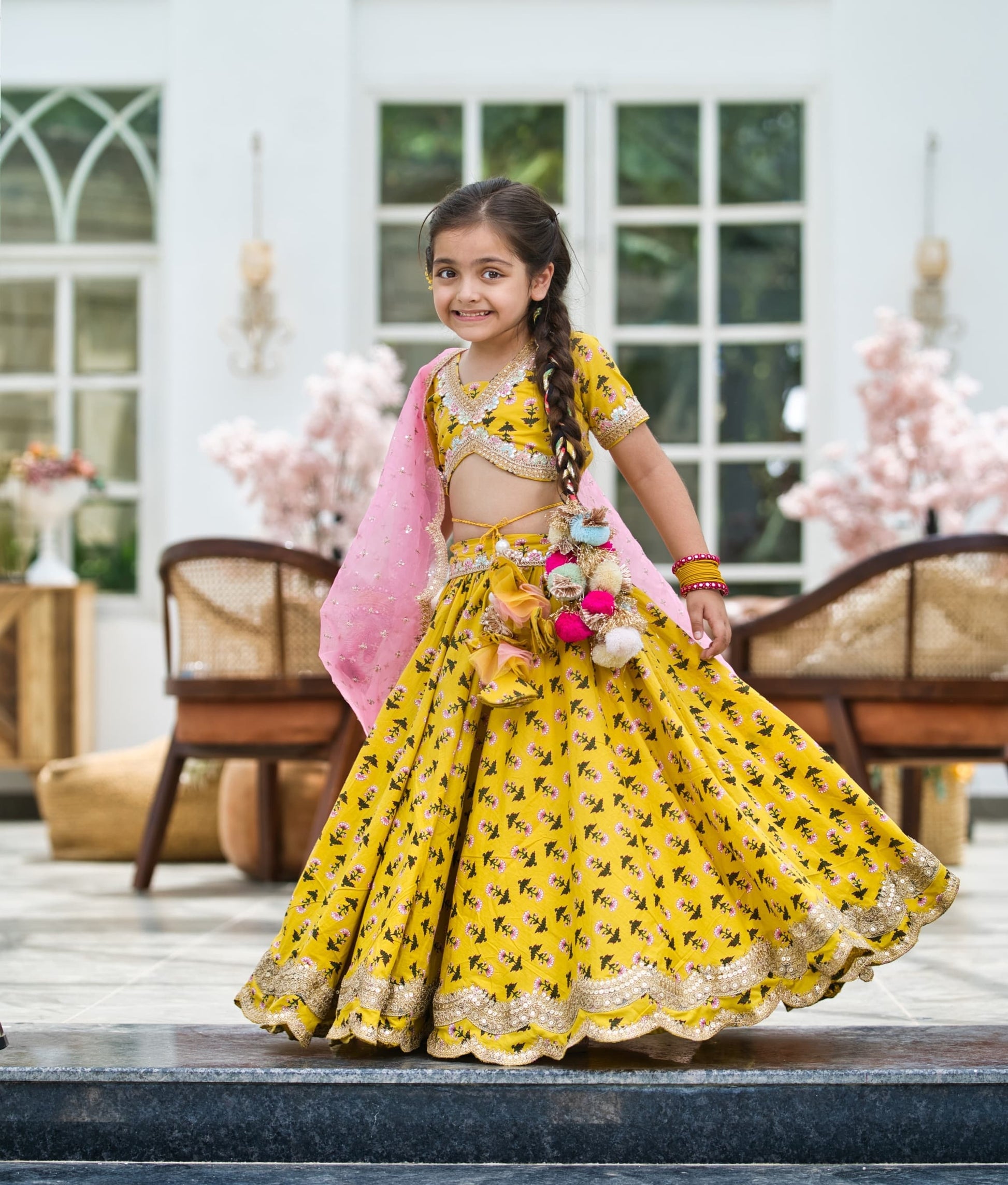 Yellow Printed Lehenga Choli and Organza Dupatta for Girls