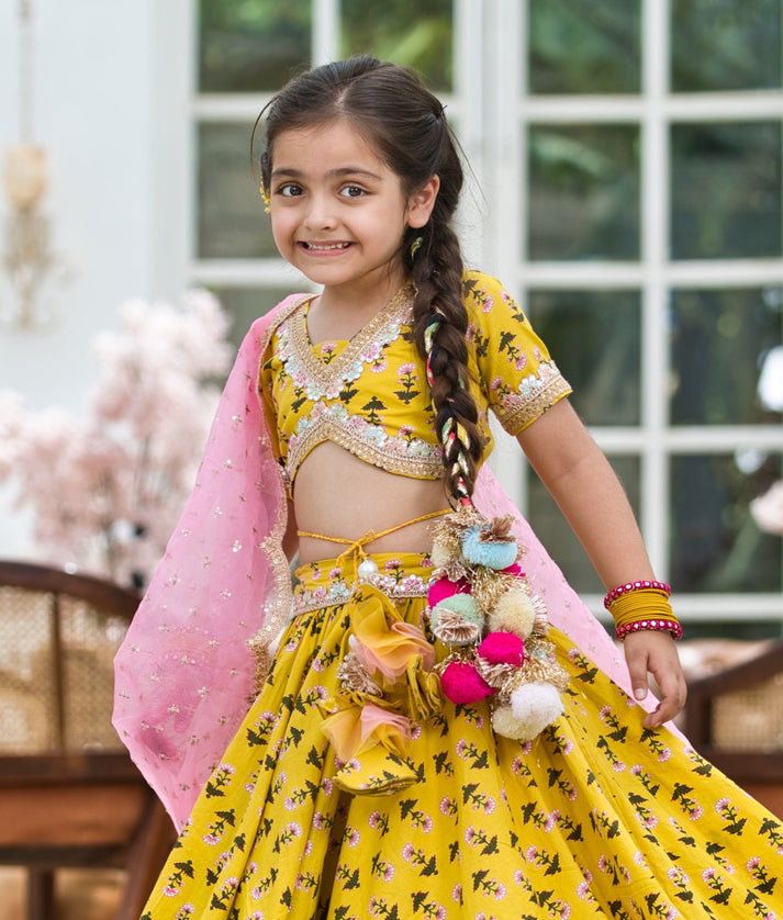 Yellow Printed Lehenga Choli and Organza Dupatta for Girls