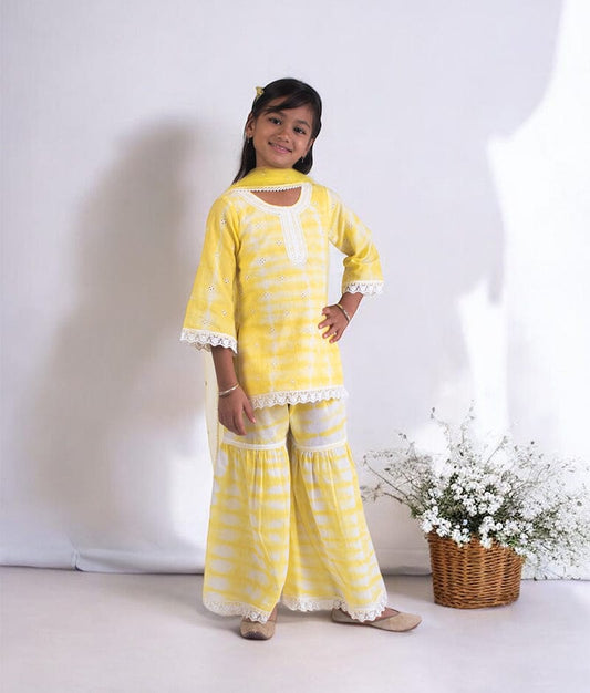 Manufactured by FAYON KIDS (Noida, U.P) Yellow Tie & Dye Kurti Sharara Set