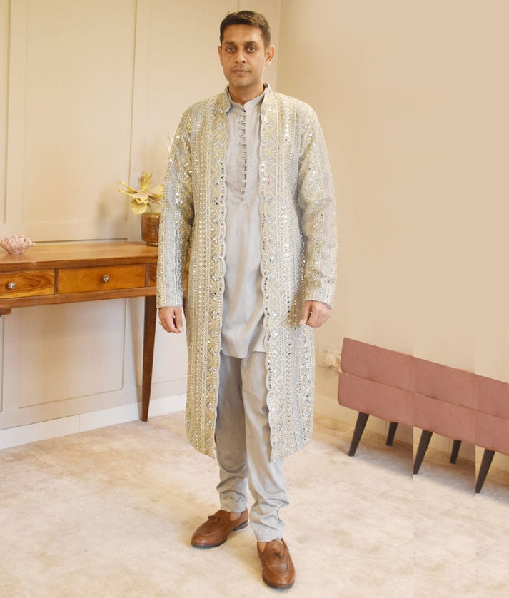 Men's Grey Achkan with Kurta and Pant Set