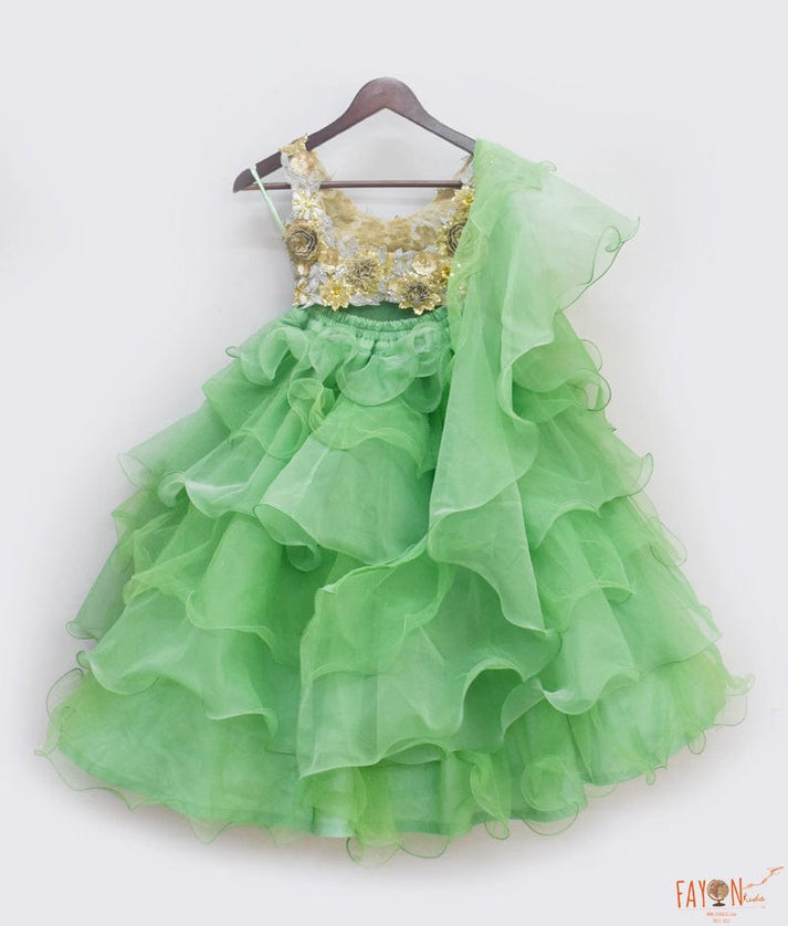 3D Flowers Choli with Green Organza Lehenga for Girls