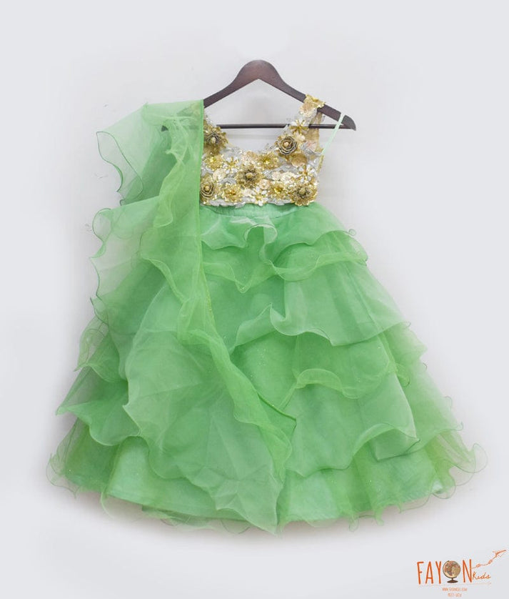 3D Flowers Choli with Green Organza Lehenga for Girls