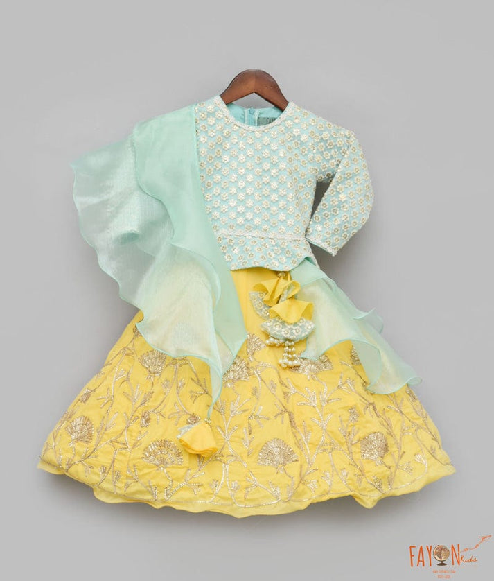 Fayon Kids Aqua Embroidery Yellow Gota Lehenga with Peplum Choli Organza Dupatta for Girls