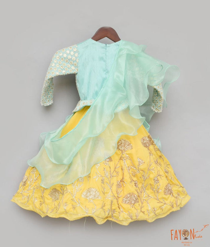 Fayon Kids Aqua Embroidery Yellow Gota Lehenga with Peplum Choli Organza Dupatta for Girls