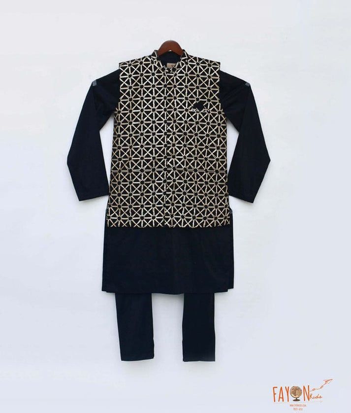 Fayon Kids Black Gota Embroidery Jacket with Kurta Chudidar for Boys