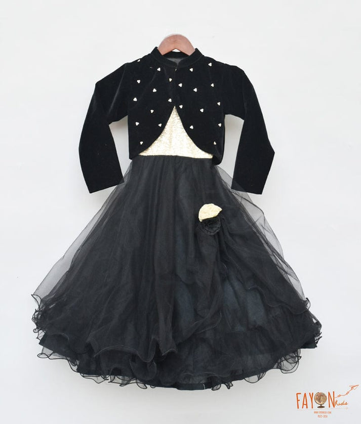 Fayon Kids Black Net Gown with Shrug for Girls