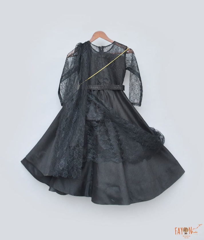 Fayon Kids Black Silk Anarkali with Flower Net Drape Dupatta for Girls