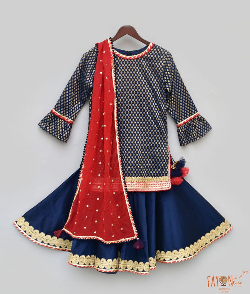 Buy Navy Blue Brocade Woven Semi Stitched Lehenga with Blose and Net  Dupatta - Inddus.com.