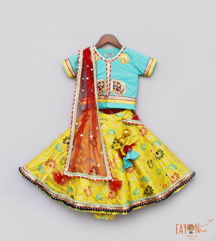 Fayon Kids Blue Choli with Red Sequence Bootie Dupatta Yellow Brocade Lehenga Set for Girls