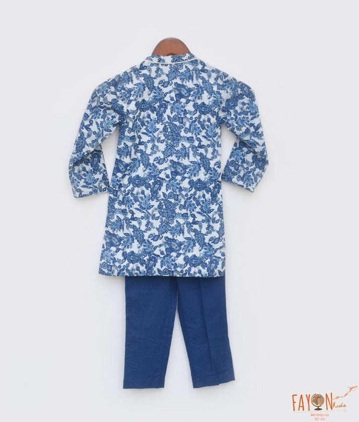 Fayon Kids Blue Cotton Print Kurta and Blue Pant for Boys