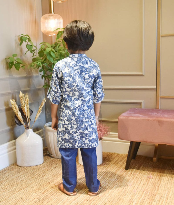 Fayon Kids Blue Cotton Print Kurta and Blue Pant for Boys