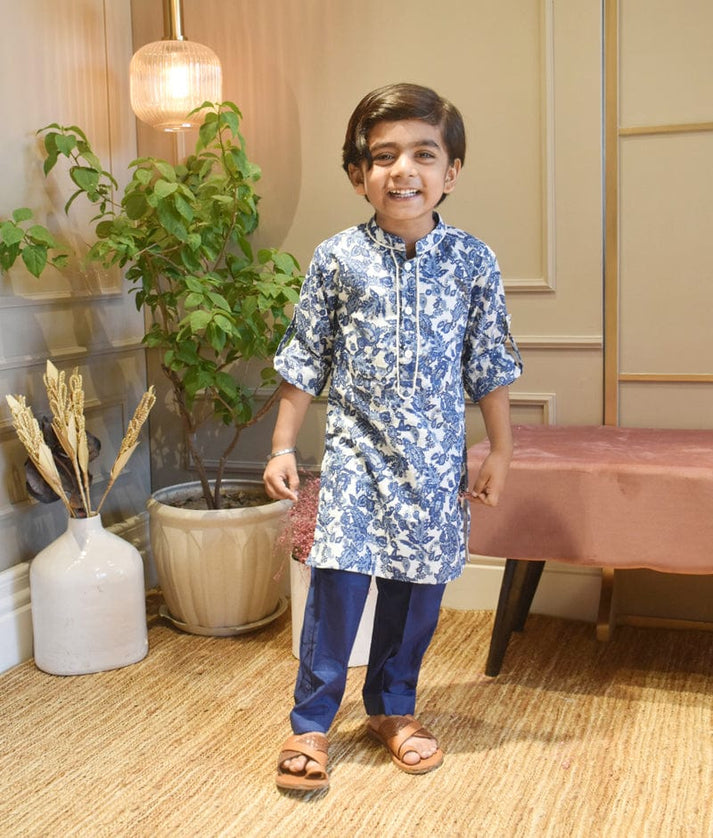 Fayon Kids Blue Cotton Print Kurta and Blue Pant for Boys