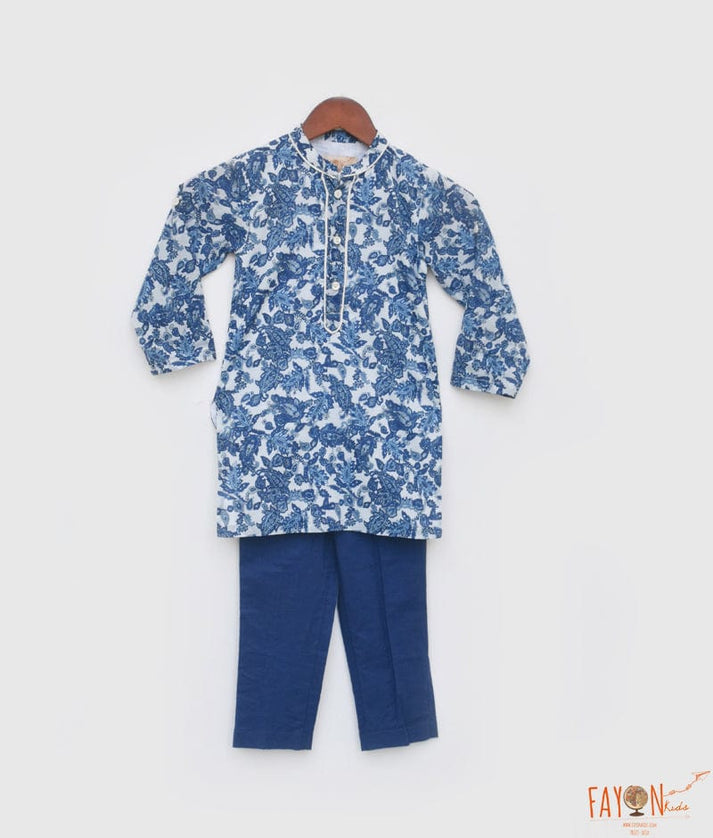 Fayon Kids Blue Cotton Print Kurta and Blue Pant for Boys