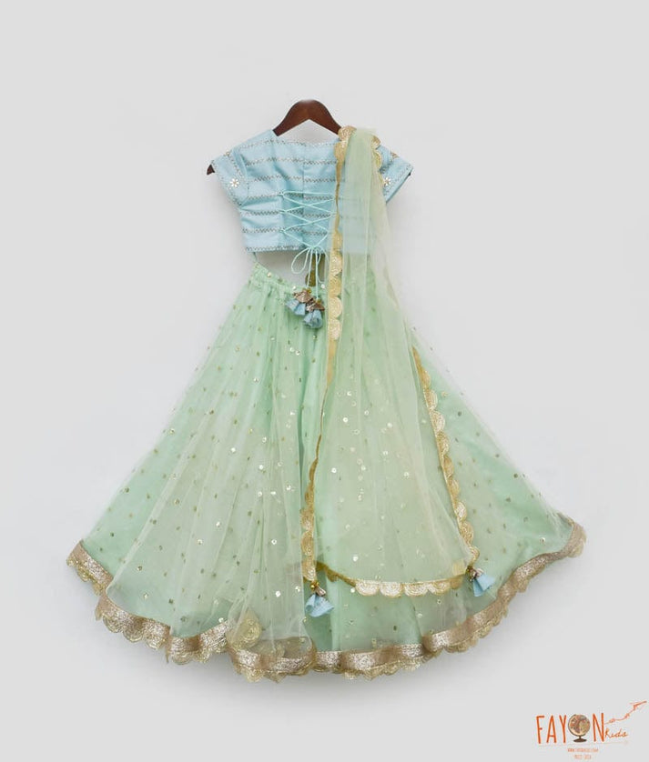 Fayon Kids Blue Embroidery Choli and Green Net Lehenga Dupatta Set for Girls