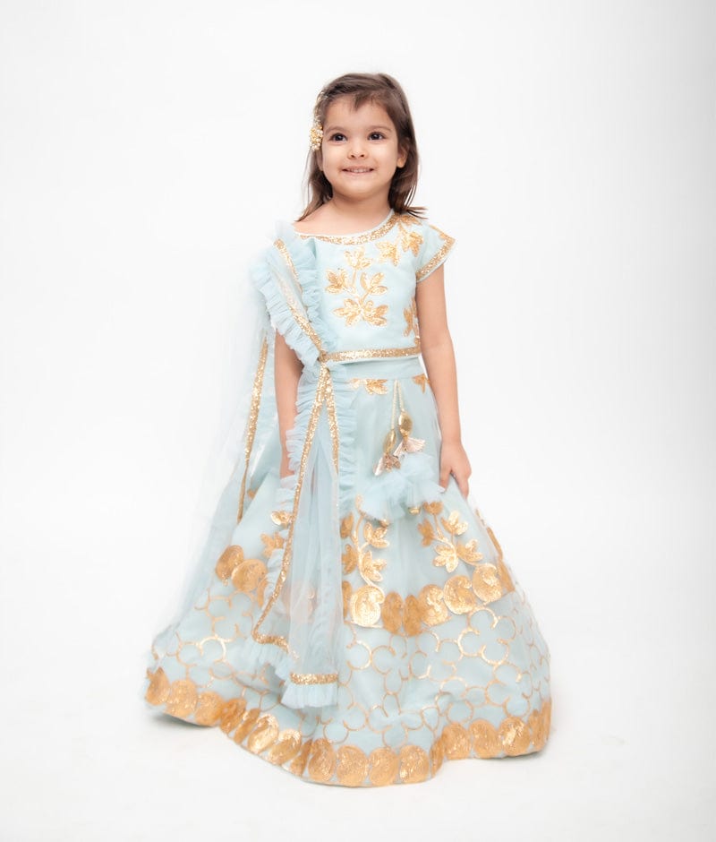 Buy Kinder Kids Cap Frill Sleeves Floral Foil Printed Choli With Double  Layered Gota Lace Embellished Lehenga & Dupatta Blue for Girls (5-6Years)  Online in India, Shop at FirstCry.com - 14921975