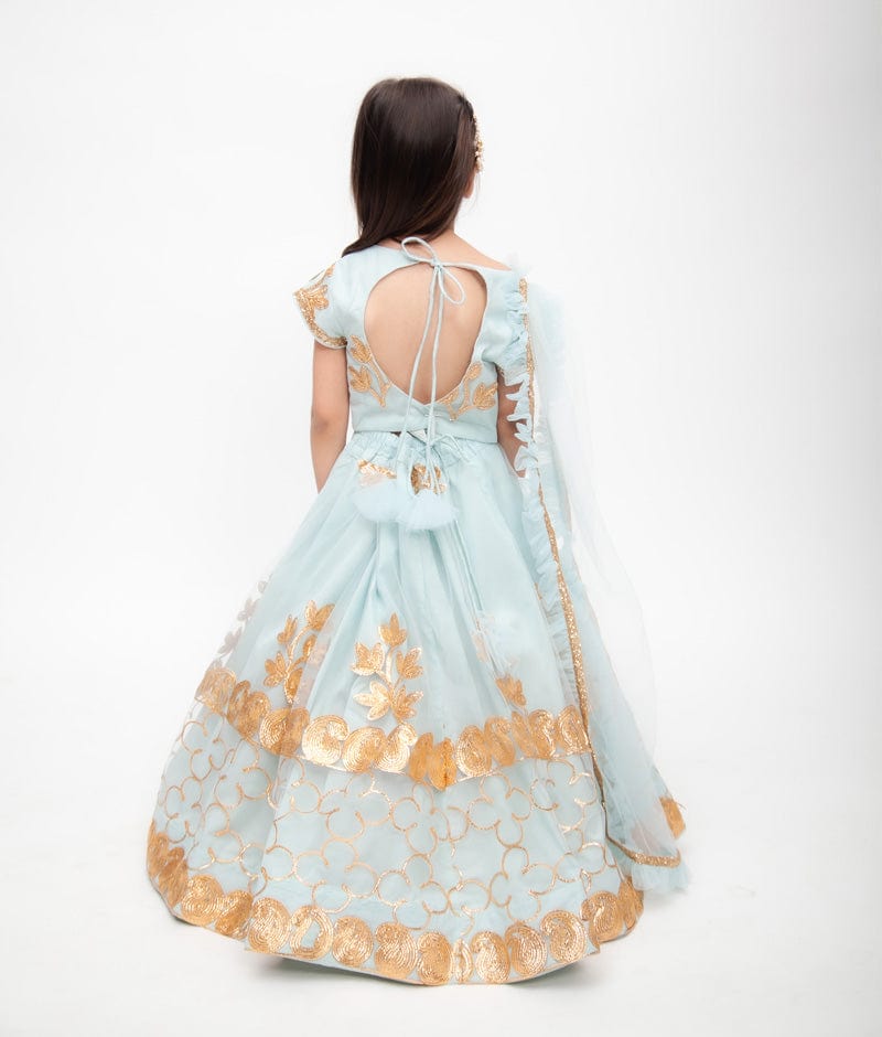BABY BLUE TULLE LEHENGA SET WITH FRILL DUPATTA AND MATCHING EMBROIDERED  CHOLI WITH SILVER DETAILS - Seasons India
