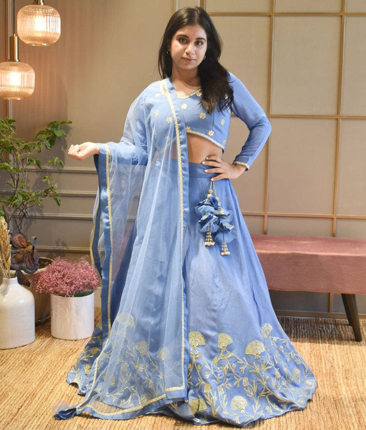 Blue Gotta Embroidery Lehenga Choli and Net Dupatta for Girls