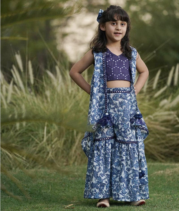 Blue Mirror Embroidery Top and Printed Sharara for Girls