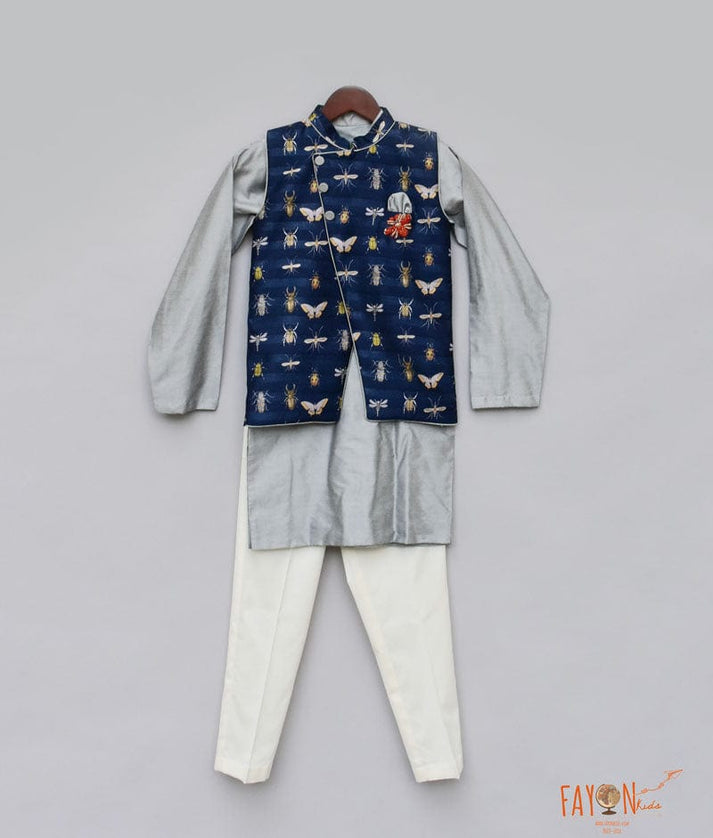 Fayon Kids Blue Printed Nehru Jacket with Grey Kurta Pant for Boys