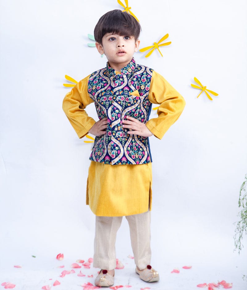 Off-White Kurta Set With Vintage Wine Nehru Jacket For Boys Design by Fayon  Kids at Pernia's Pop Up Shop 2024