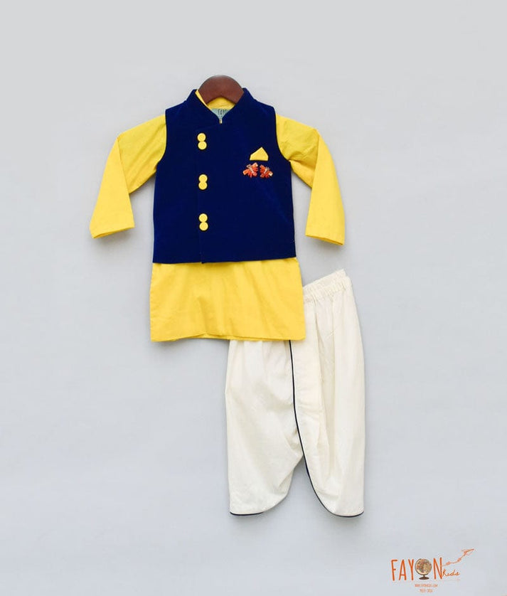 Fayon Kids Blue Velvet Nehru Jacket with Yellow Kurta Dhoti for Boys