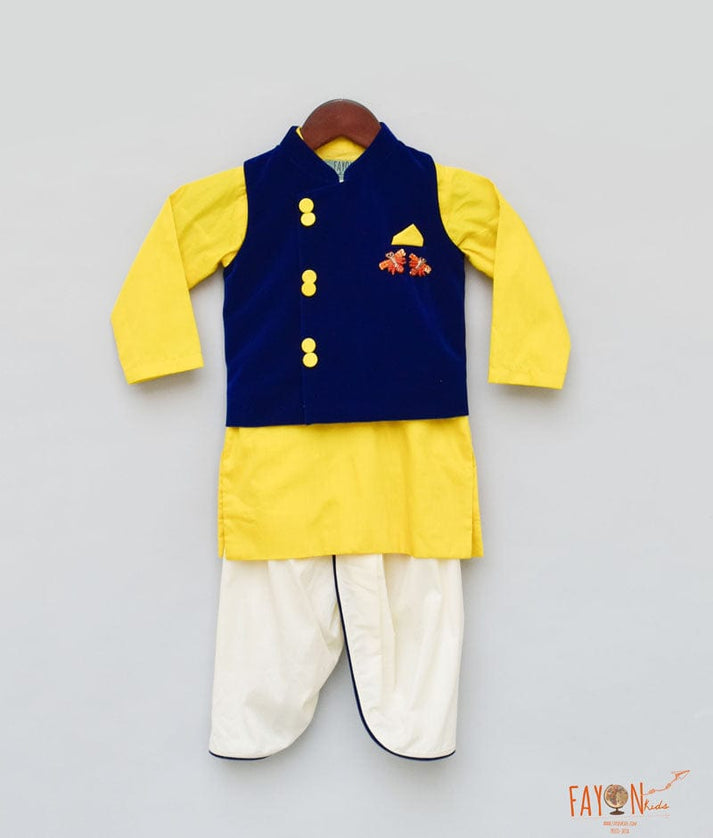 Fayon Kids Blue Velvet Nehru Jacket with Yellow Kurta Dhoti for Boys