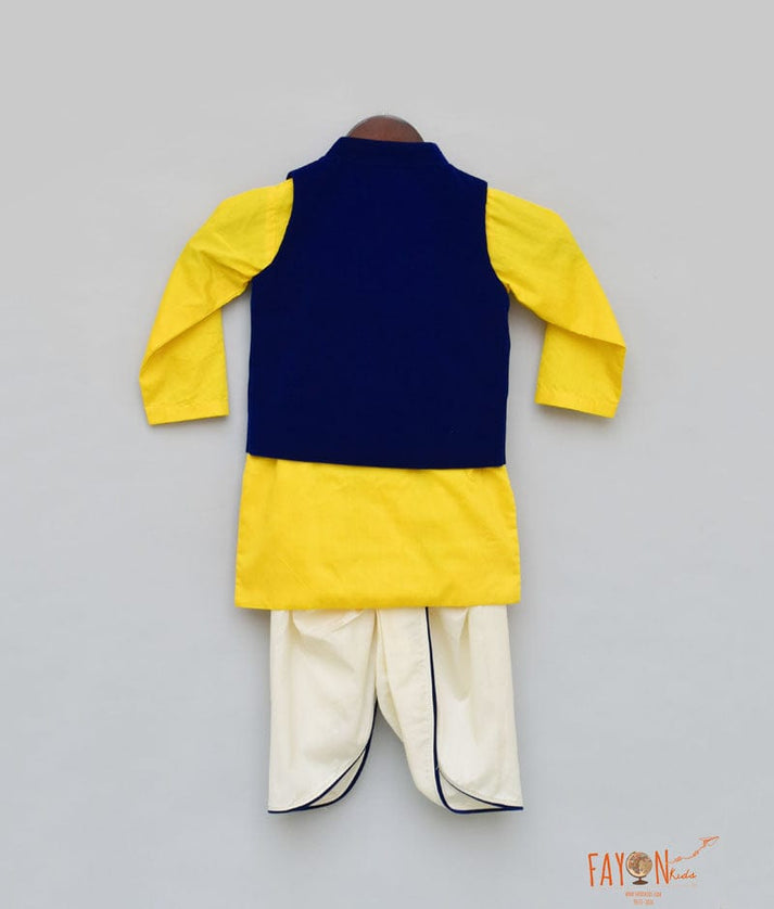 Fayon Kids Blue Velvet Nehru Jacket with Yellow Kurta Dhoti for Boys