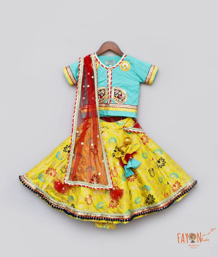 Fayon Kids Blue Yellow Brocade Lehenga with Choli Boti Net Dupatta for Girls