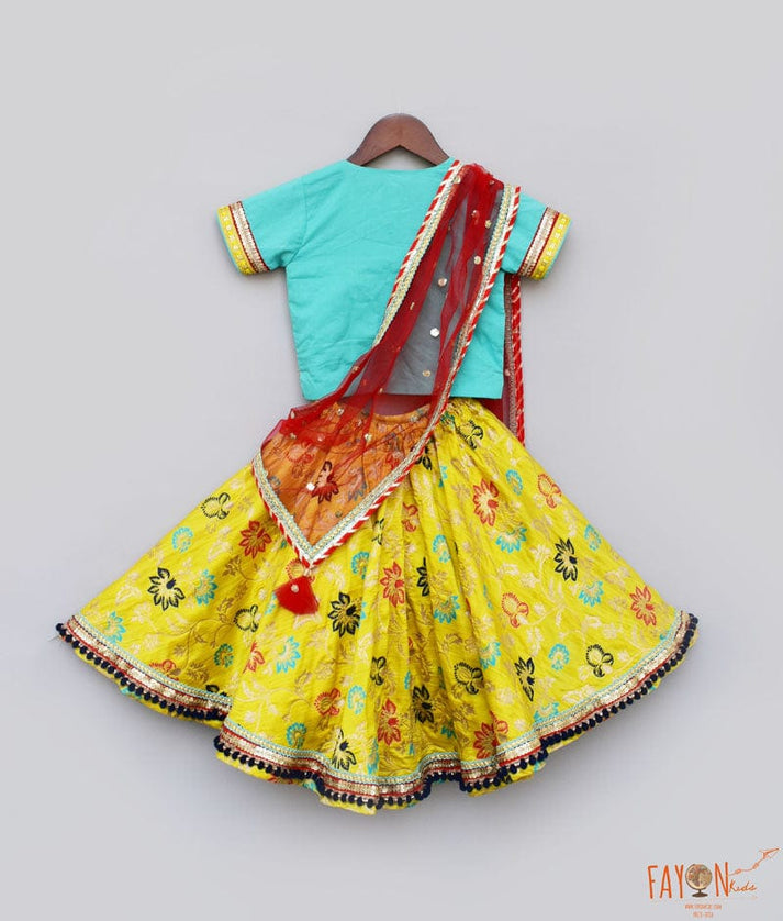 Fayon Kids Blue Yellow Brocade Lehenga with Choli Boti Net Dupatta for Girls