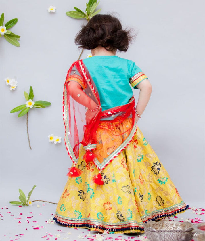 Fayon Kids Blue Yellow Brocade Lehenga with Choli Boti Net Dupatta for Girls