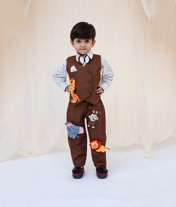 Fayon Kids Brown Animals Motifs Waist Coat with Shirt Brown Pant for Boys