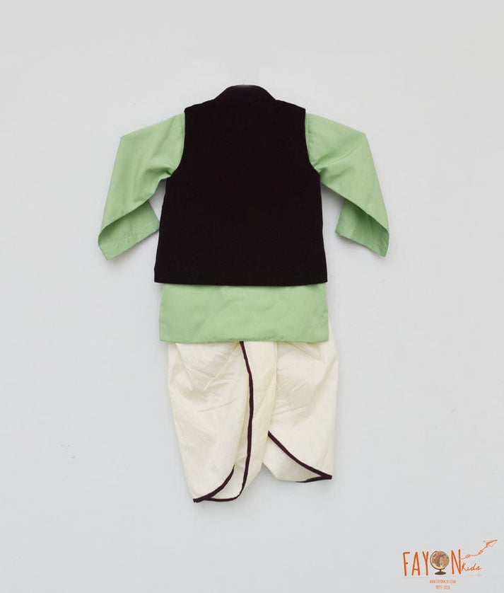 Fayon Kids Burgandy Velvet Nehru Jacket with Green Kurta Dhoti for Boys