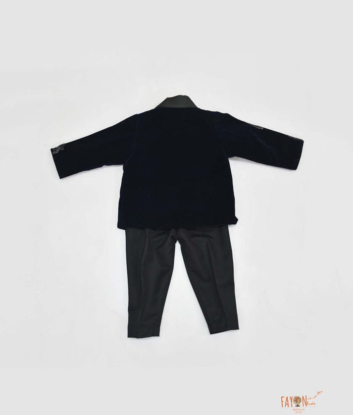 Fayon Kids Dark Blue Velvet Coat set with Hand Embroidery Motifs for Boys