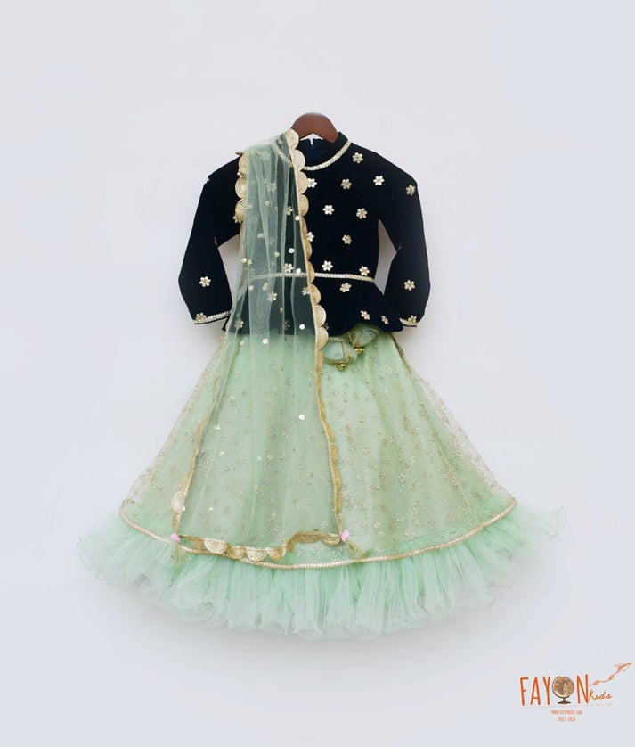 Fayon Kids Dark Blue Velvet Green Glitter Net Lehenga with Choli Boti Net Dupatta for Girls