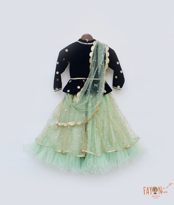 Fayon Kids Dark Blue Velvet Green Glitter Net Lehenga with Choli Boti Net Dupatta for Girls