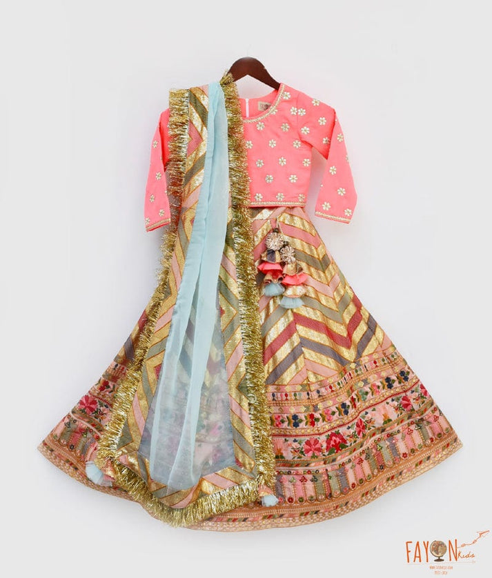 Fayon Kids Embroidery Lehenga Pink Silk Flower Boti Choli Dupatta for Girls