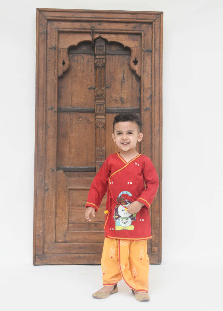 Fayon Kids God Red Yellow Silk Kurta with Printed Dhoti set for boys