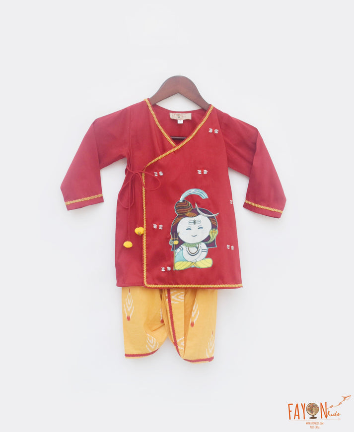 Fayon Kids God Red Yellow Silk Kurta with Printed Dhoti set for boys