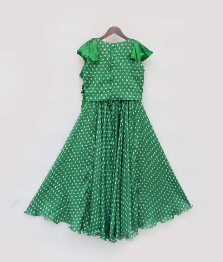 Green Bandhej Print Sharara and Top for Girls