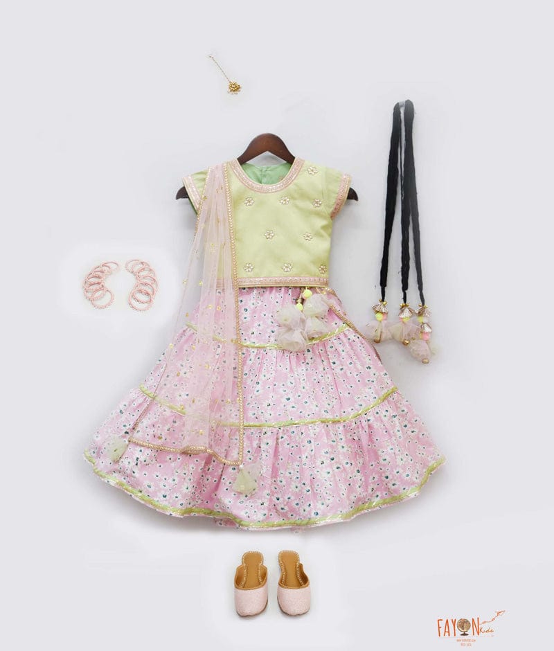 fayon kids green choli with pink floral lehenga boti net dupatta for girls 37035774443776