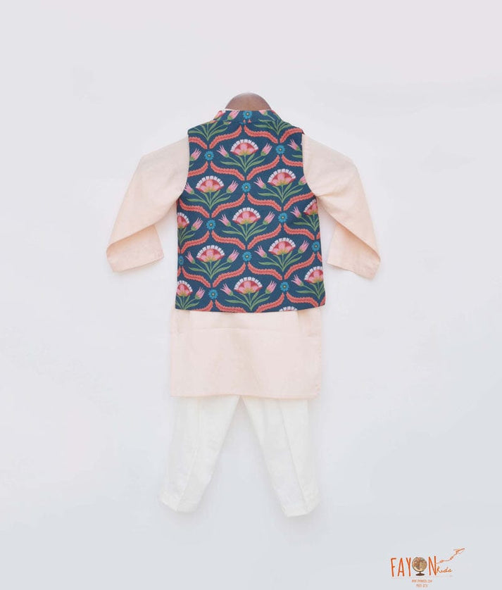 Fayon Kids Green Floral Printed Jacket with Peach Kurta Pant for Boys