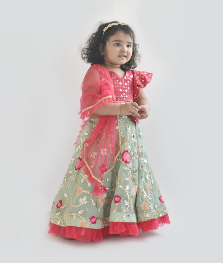 Fayon Kids Green Georgette Embroidery Lehenga Pink Velvet Choli Net Dupatta for Girls