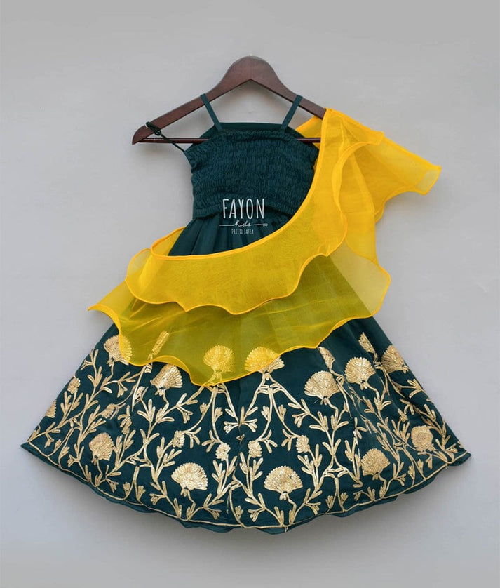 Fayon Kids Green Gota Lehenga with Choli Yellow Organza Dupatta for Girls